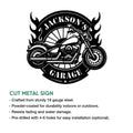 Motorcycle garage metal sign shown with cut-metal construction and a dramatic flame-framed cruiser design