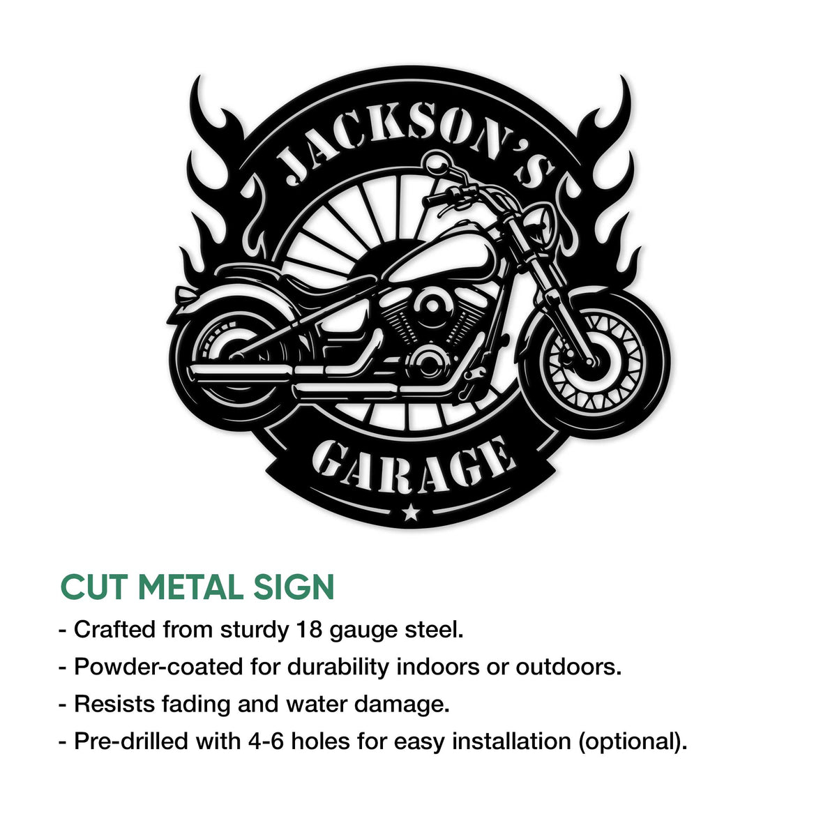 Motorcycle garage metal sign shown with cut-metal construction and a dramatic flame-framed cruiser design