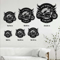 Motorcycle garage sign size guide showing available square dimensions from 8 by 8 to 24 by 24 inches