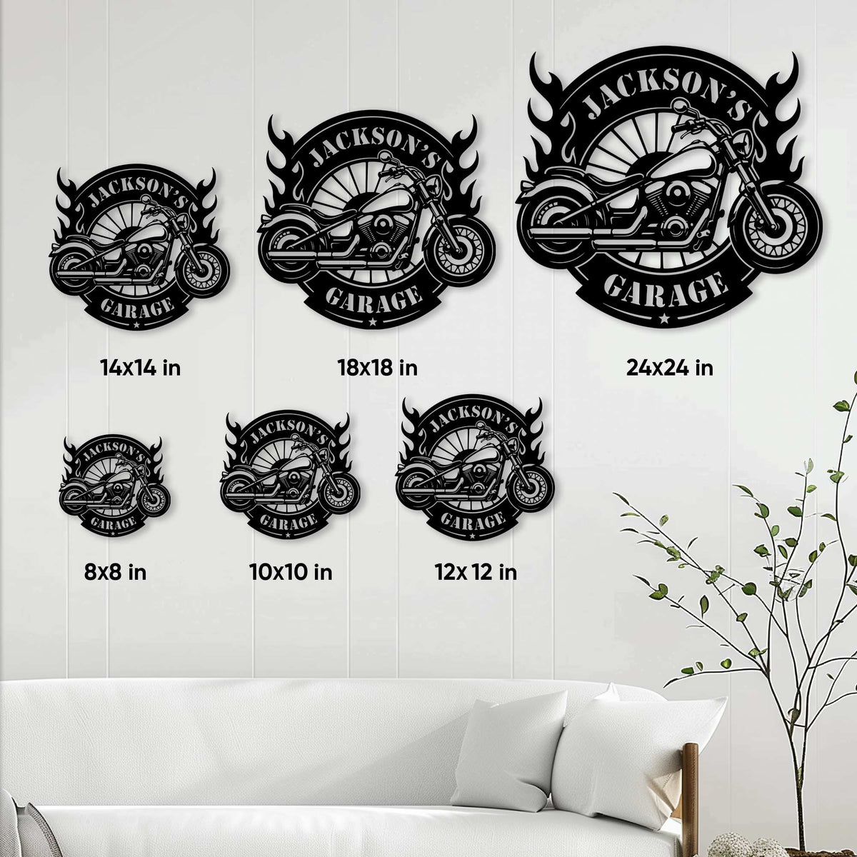 Motorcycle garage sign size guide showing available square dimensions from 8 by 8 to 24 by 24 inches
