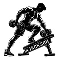 Black weightlifting metal sign featuring a muscular bodybuilder performing a dumbbell exercise on a gym bench
