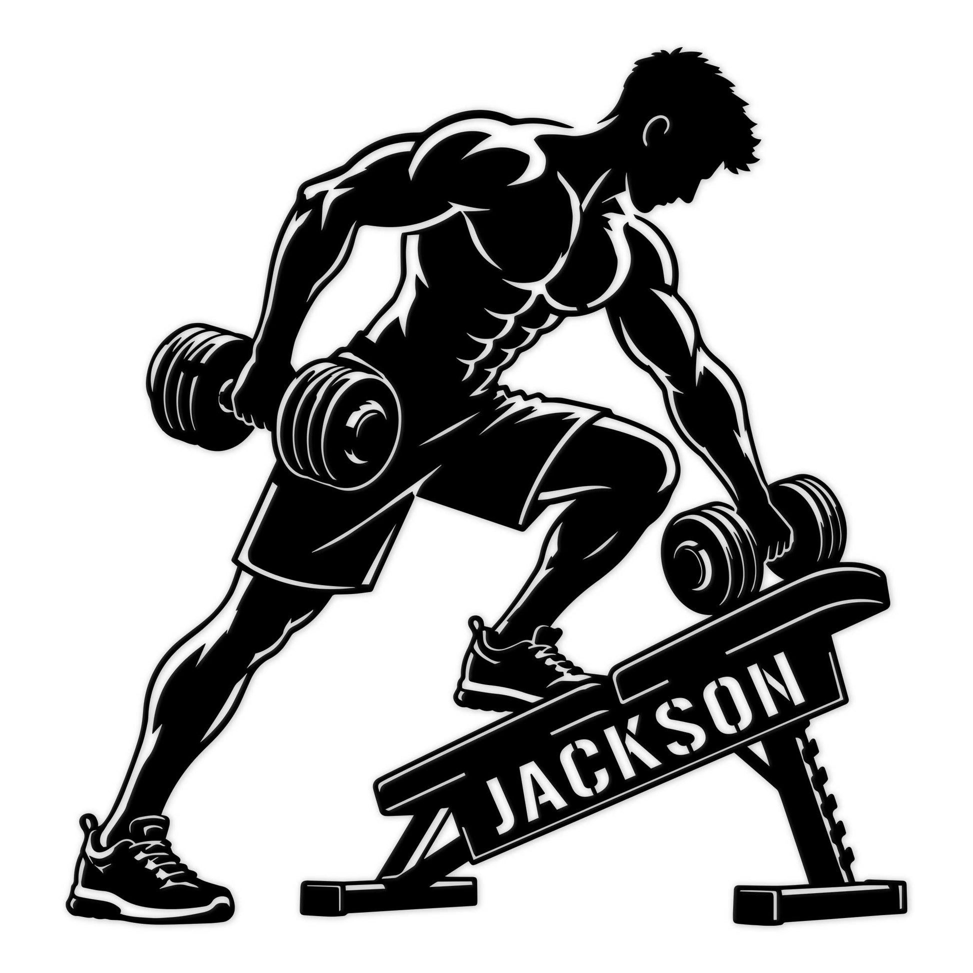 Black weightlifting metal sign featuring a muscular bodybuilder performing a dumbbell exercise on a gym bench