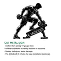 Weightlifting cut metal sign featuring a muscular lifter with dumbbells and an infographic of product features