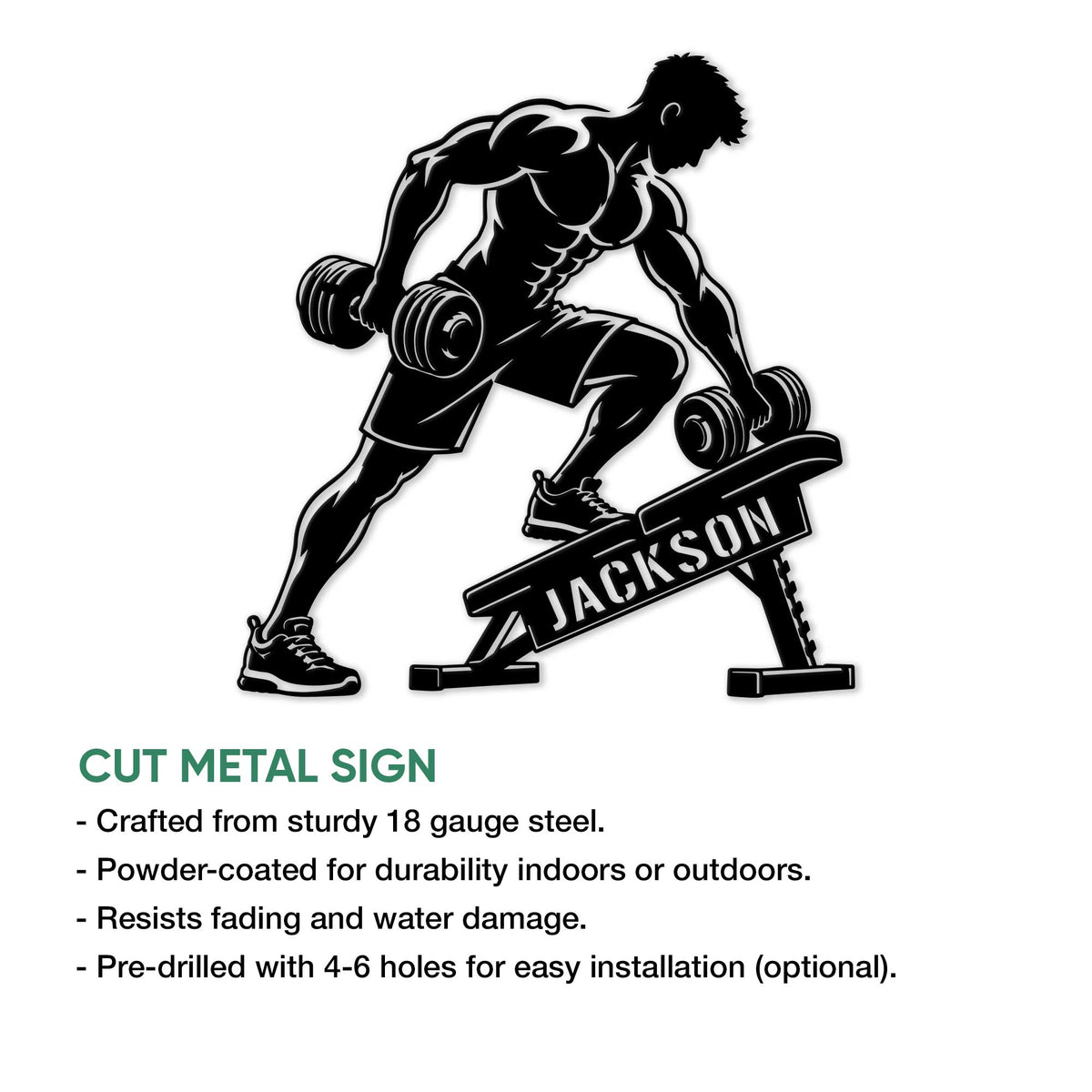 Weightlifting cut metal sign featuring a muscular lifter with dumbbells and an infographic of product features