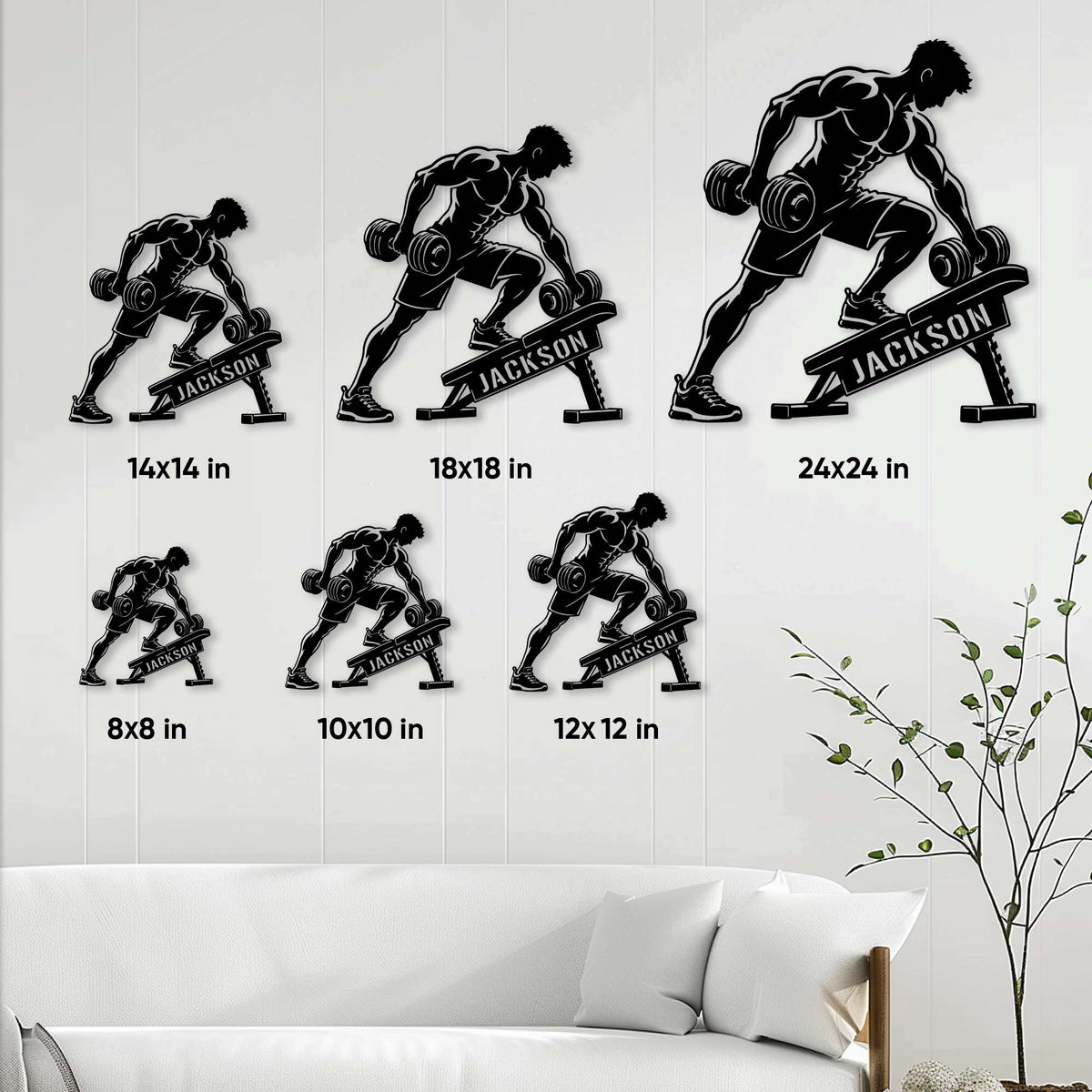 Weightlifting metal sign size guide showing six available square sizes from 8x8 to 24x24 inches