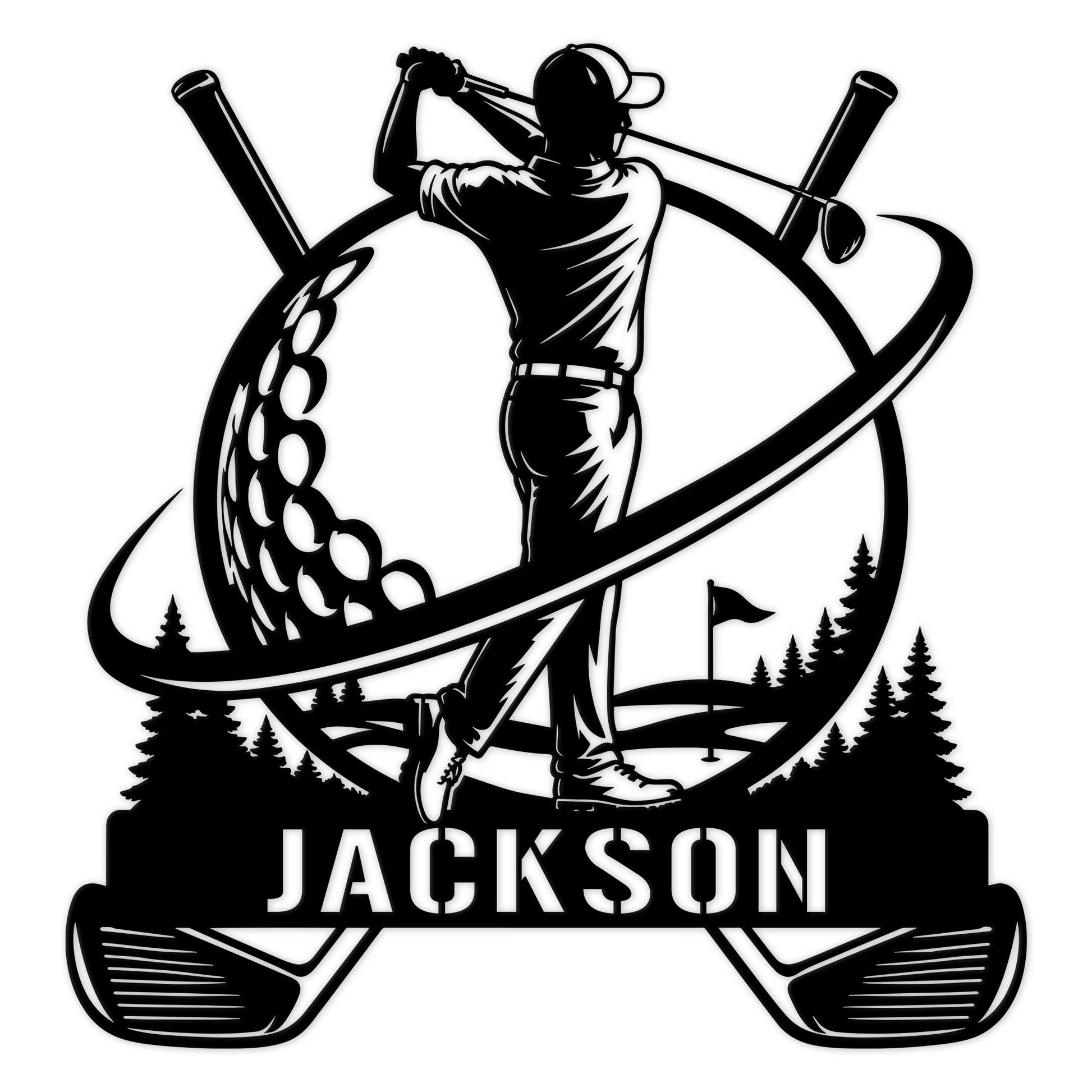 Custom golf metal sign featuring a golfer mid-swing, golf clubs, course flag, trees, and a bold silhouette design
