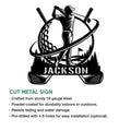 Golf metal sign product graphic showing a golfer silhouette with crossed clubs and course-inspired details