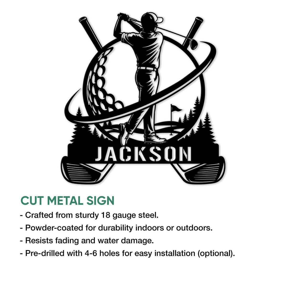 Golf metal sign product graphic showing a golfer silhouette with crossed clubs and course-inspired details