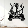 Golf wall sign displayed on white paneling, featuring a golfer in mid-swing and a dramatic course silhouette