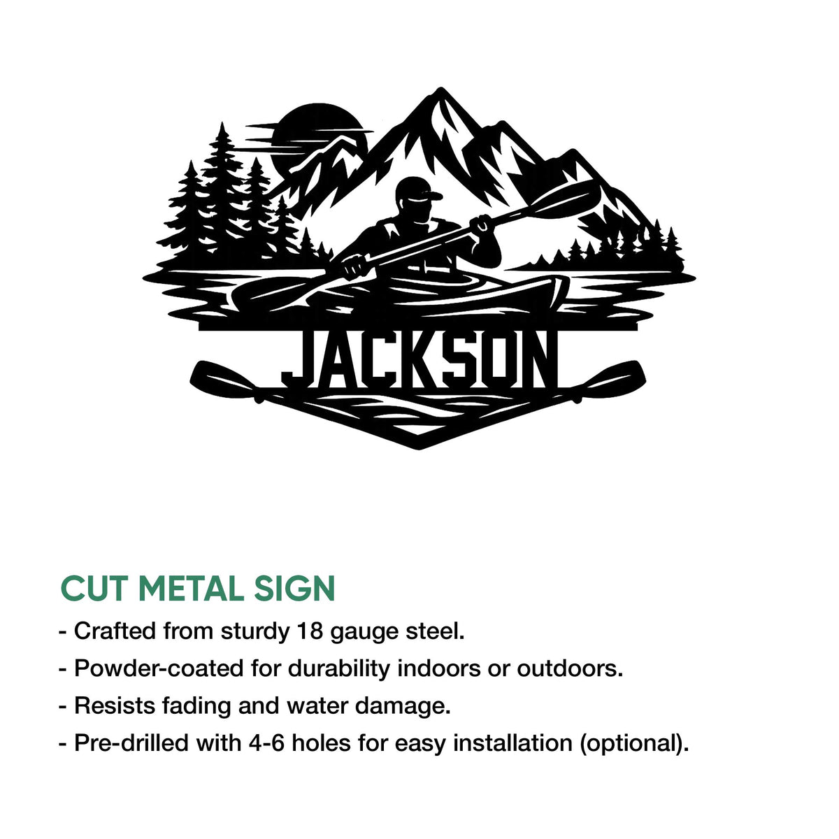 Kayak wall sign artwork with a paddler, mountain landscape, lake scene, and cut metal sign feature details