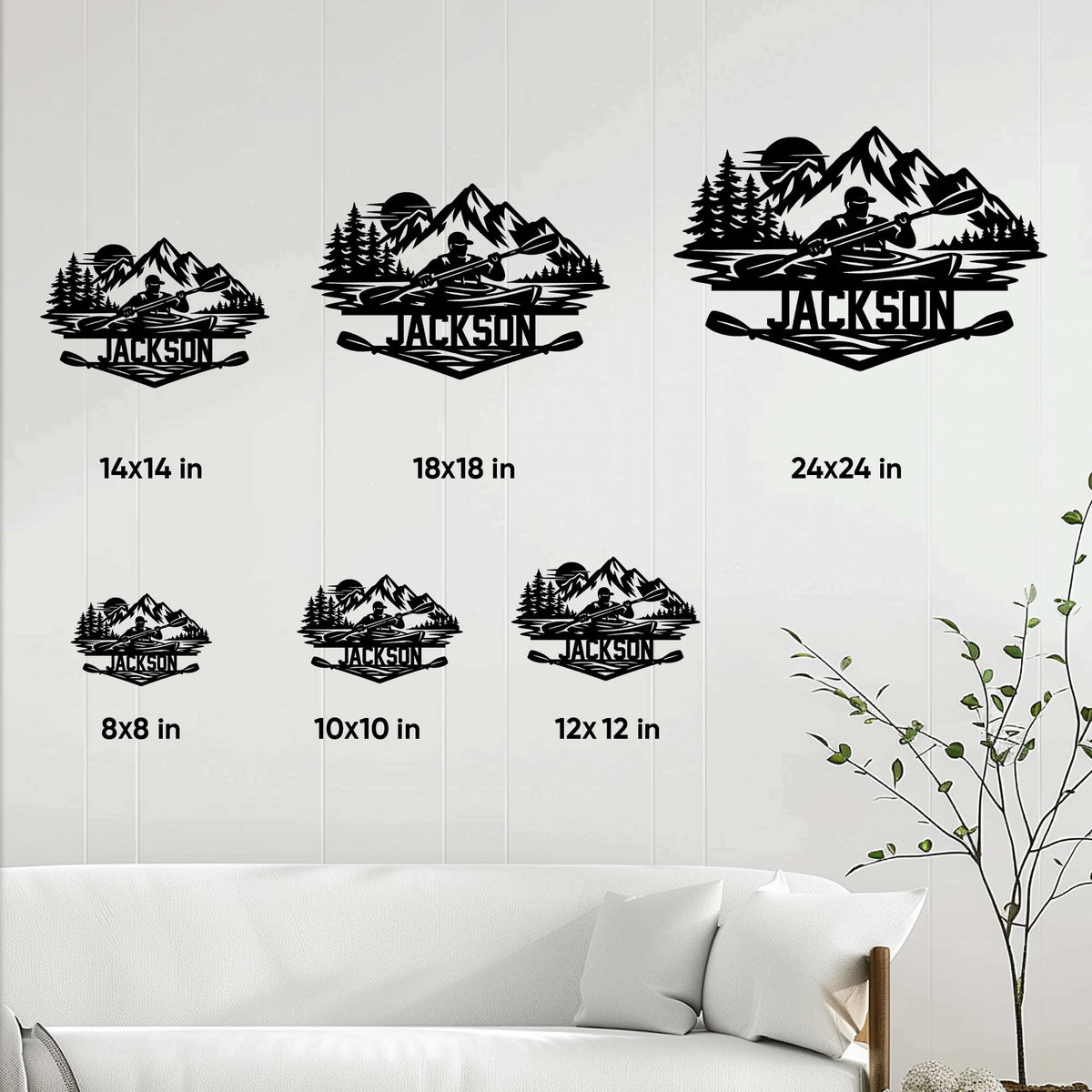 Kayak metal sign size guide showing multiple square size options in a home wall setting