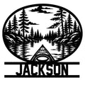 Custom kayak metal sign featuring a canoe-style kayak on a peaceful forest lake