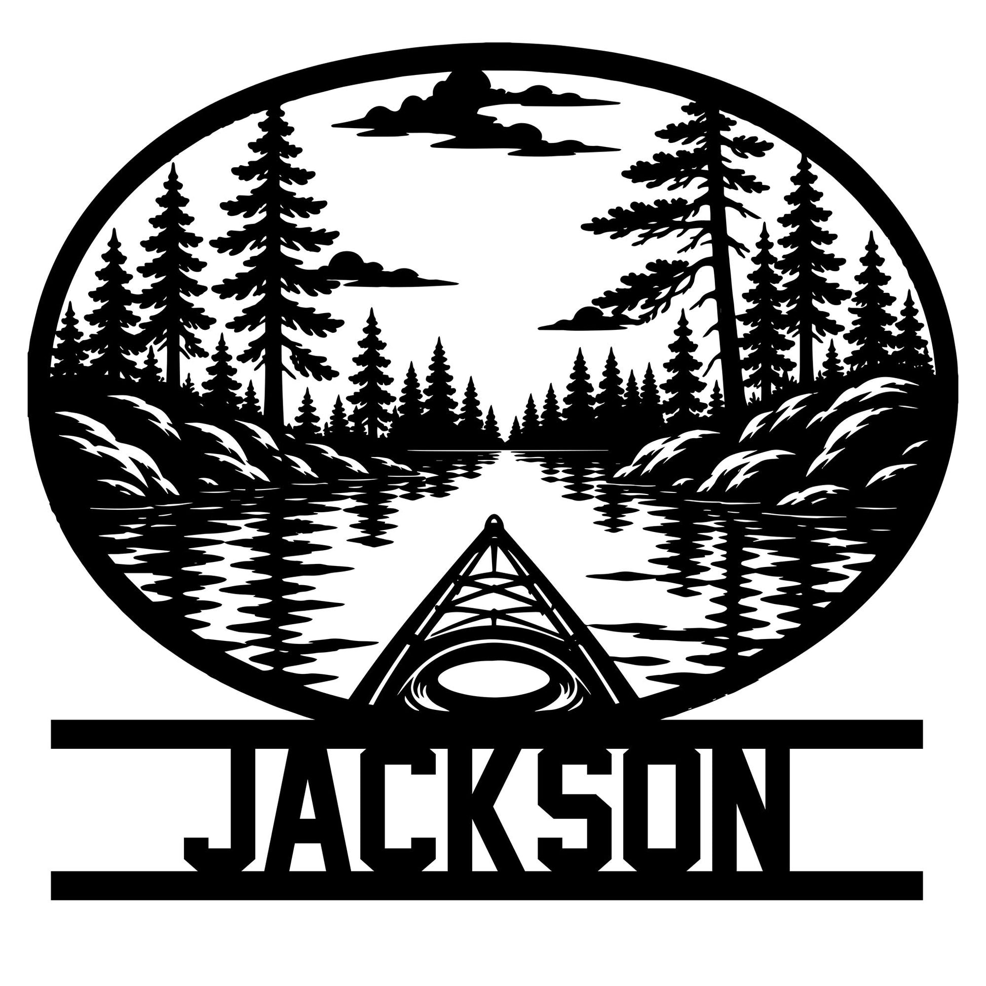 Custom kayak metal sign featuring a canoe-style kayak on a peaceful forest lake