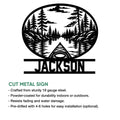 Kayak cut metal sign featuring a forest lake scene with product feature details