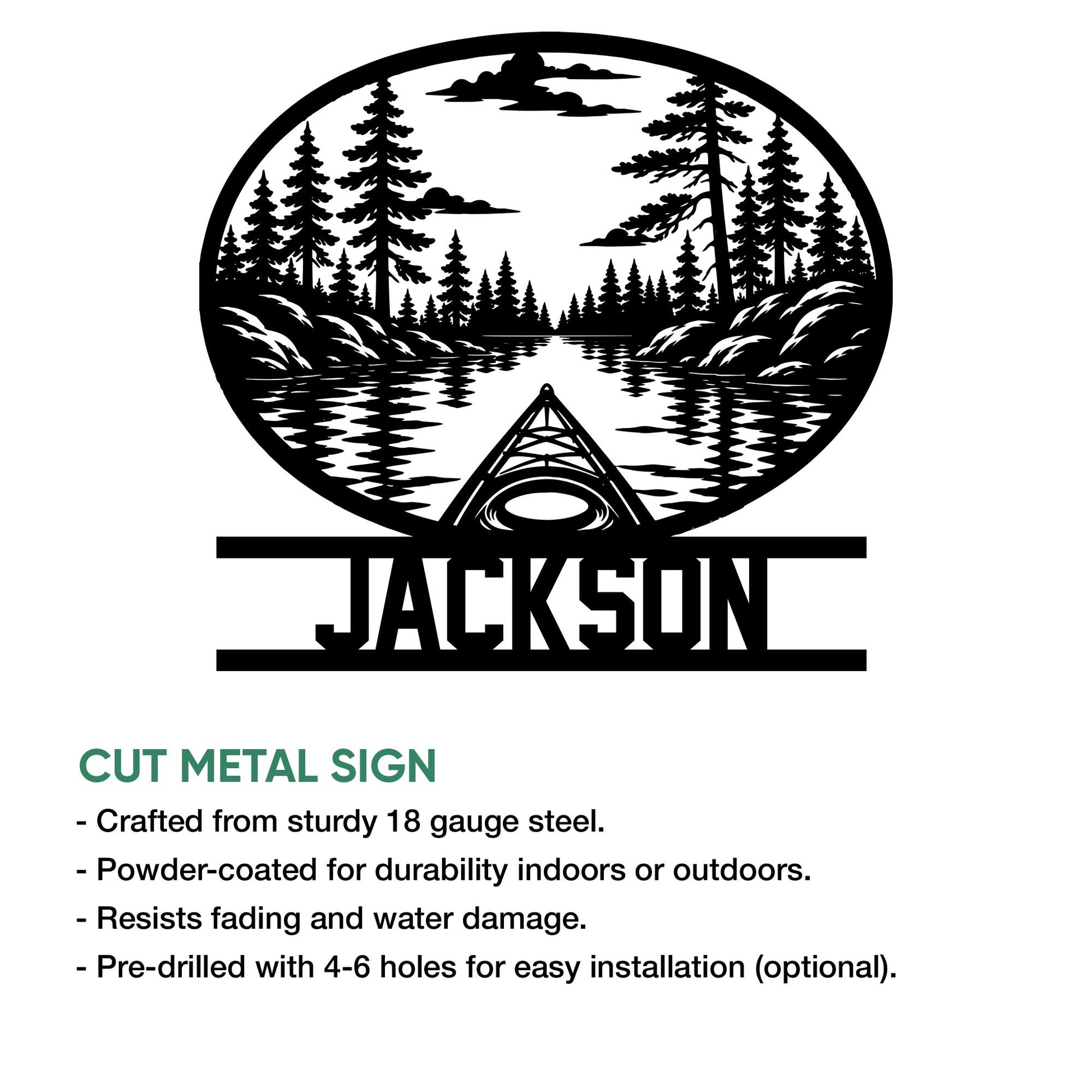 Kayak cut metal sign featuring a forest lake scene with product feature details