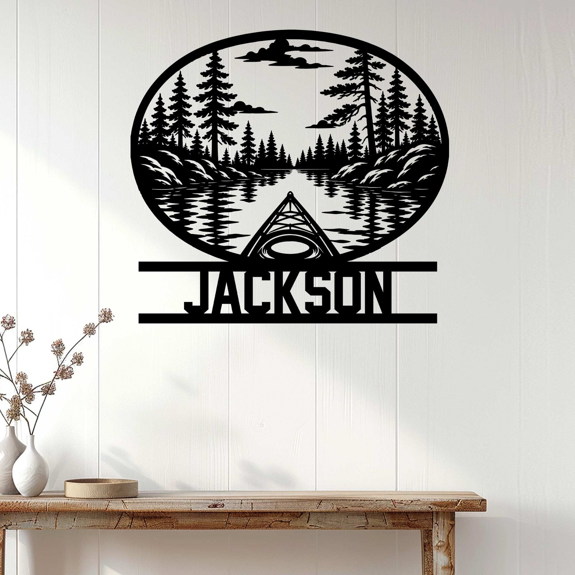 Kayak wall decor displayed on a white wood wall above a console table
