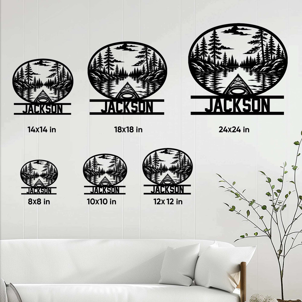 Kayak metal sign size guide showing multiple available sign dimensions