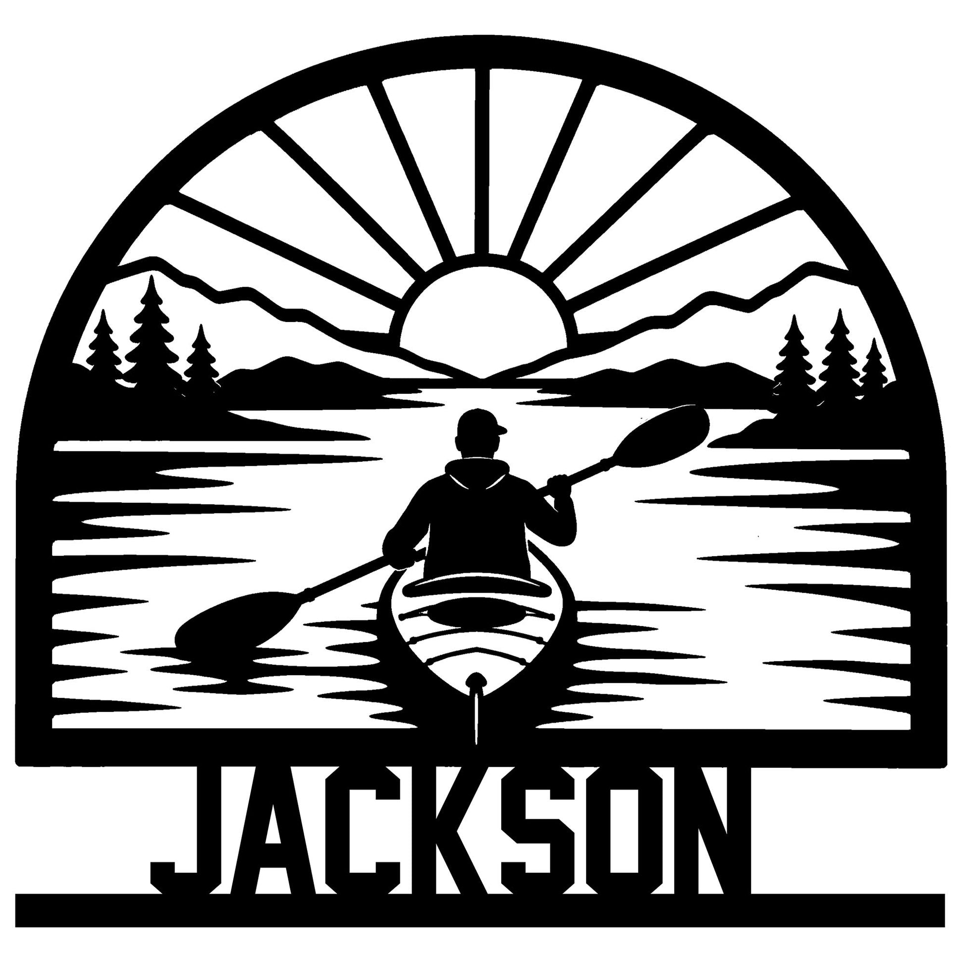 Kayak metal sign featuring a paddler on a calm lake beneath mountains, pine trees, and a rising sun