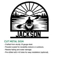 Kayaking metal sign product infographic showing a lake paddler design and cut metal sign features