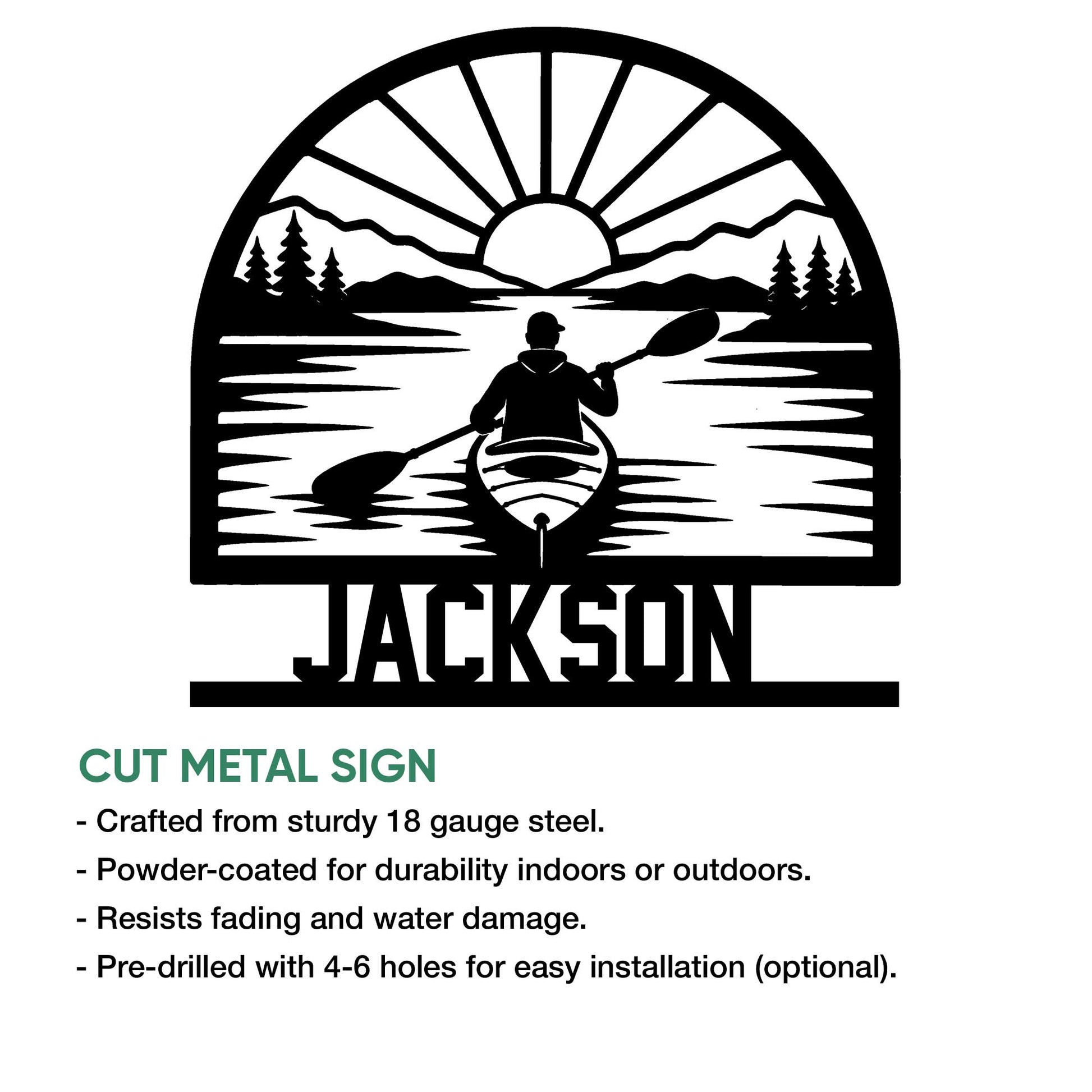 Kayaking metal sign product infographic showing a lake paddler design and cut metal sign features