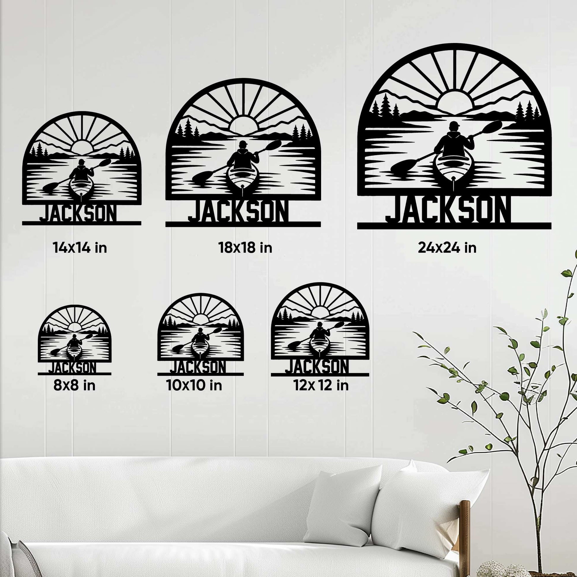 Kayak metal sign size guide showing the lake paddler design in six available square sizes