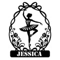 Custom ballet metal sign featuring a graceful ballerina silhouette in a floral bow frame