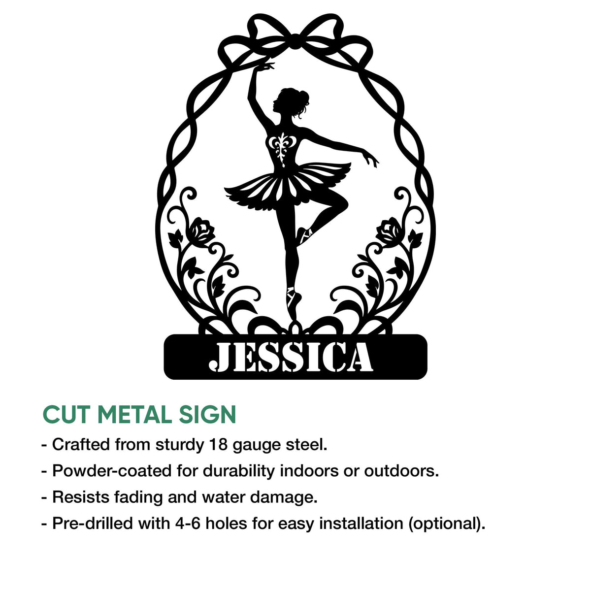 Ballet dancer metal sign with ornate floral scrollwork and a framed silhouette design