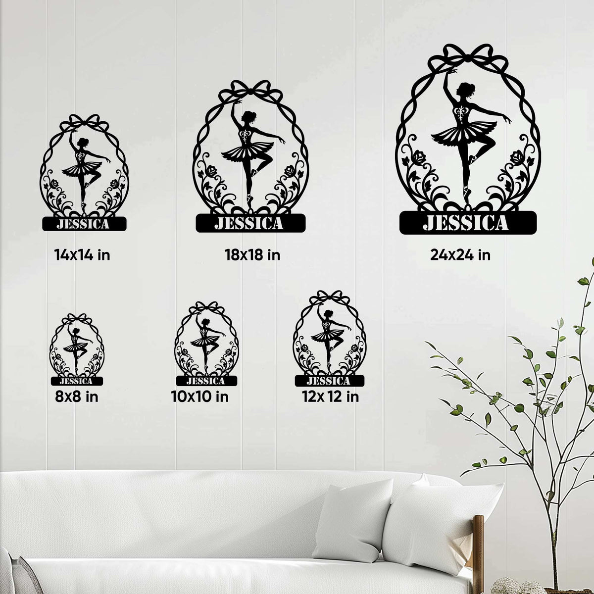 Ballet metal sign size guide showing available square sizes from 8x8 to 24x24 inches