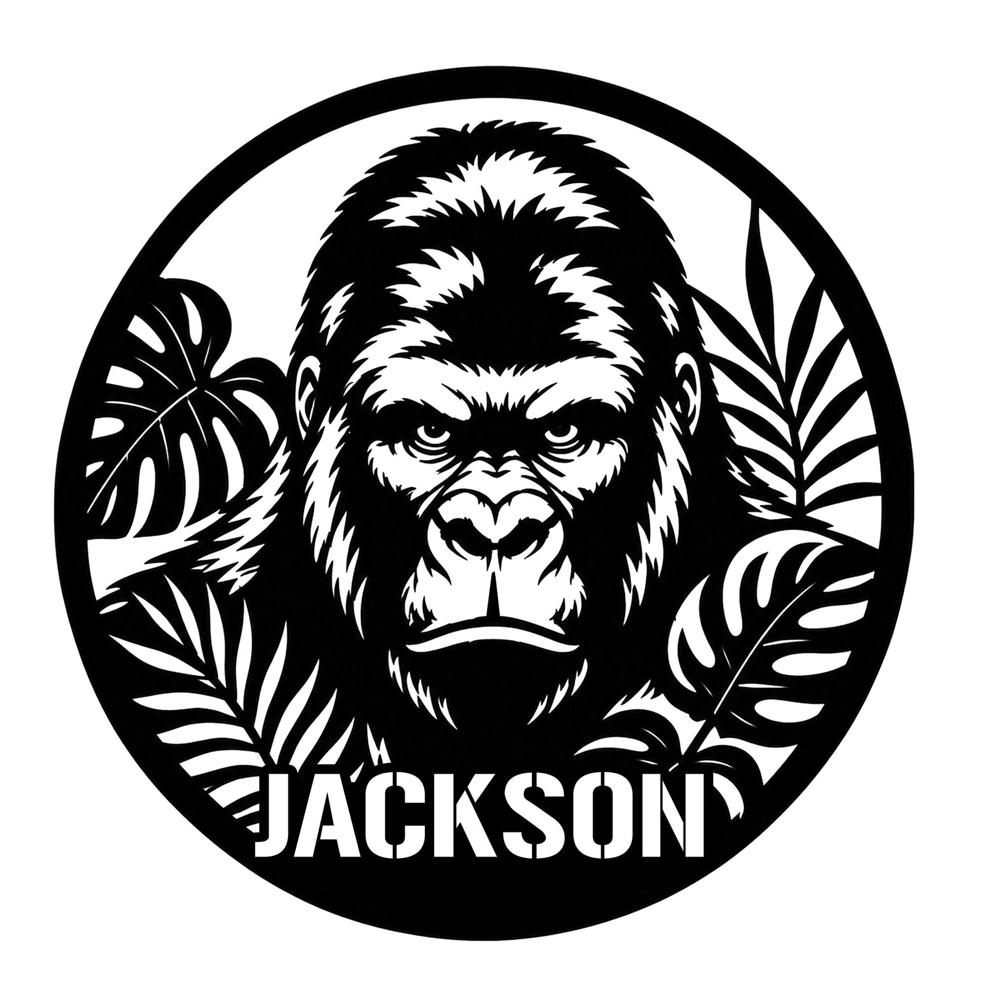 Bold gorilla portrait metal sign framed by tropical leaves in a striking black-and-white design