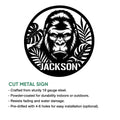 Gorilla metal sign artwork shown with a circular cut design and bold wildlife-inspired portrait