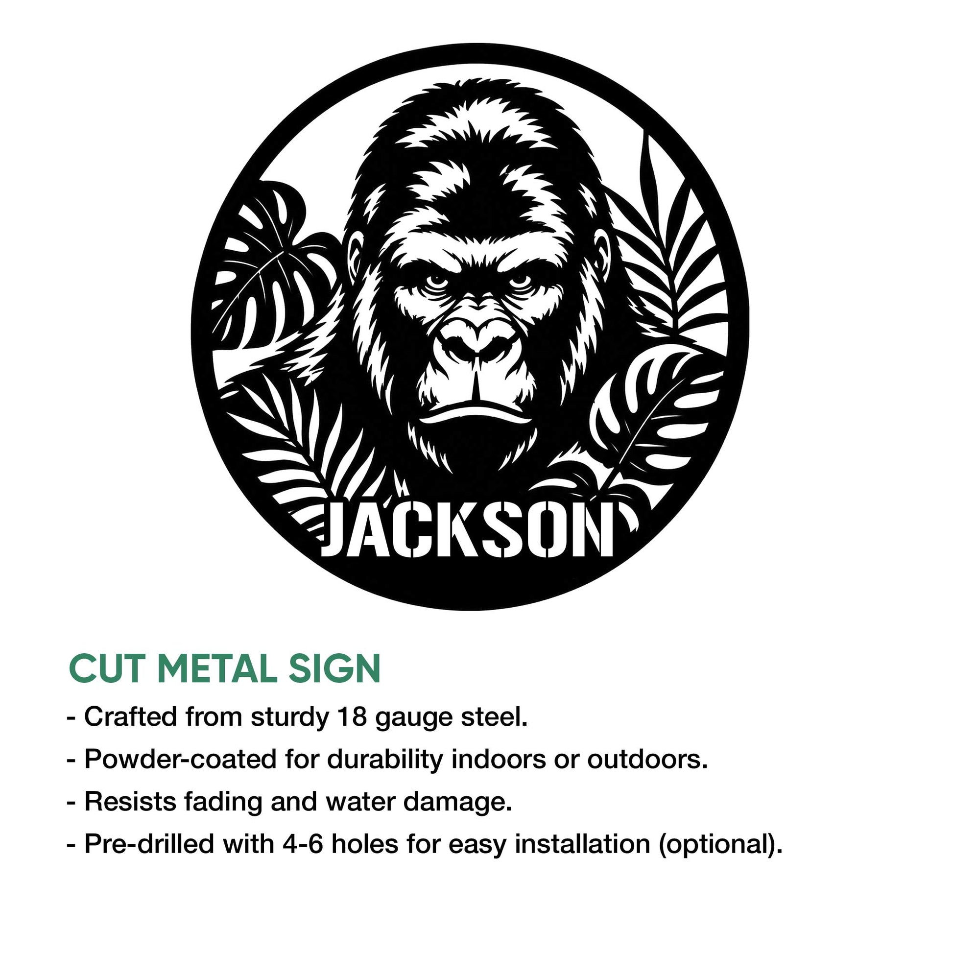 Gorilla metal sign artwork shown with a circular cut design and bold wildlife-inspired portrait