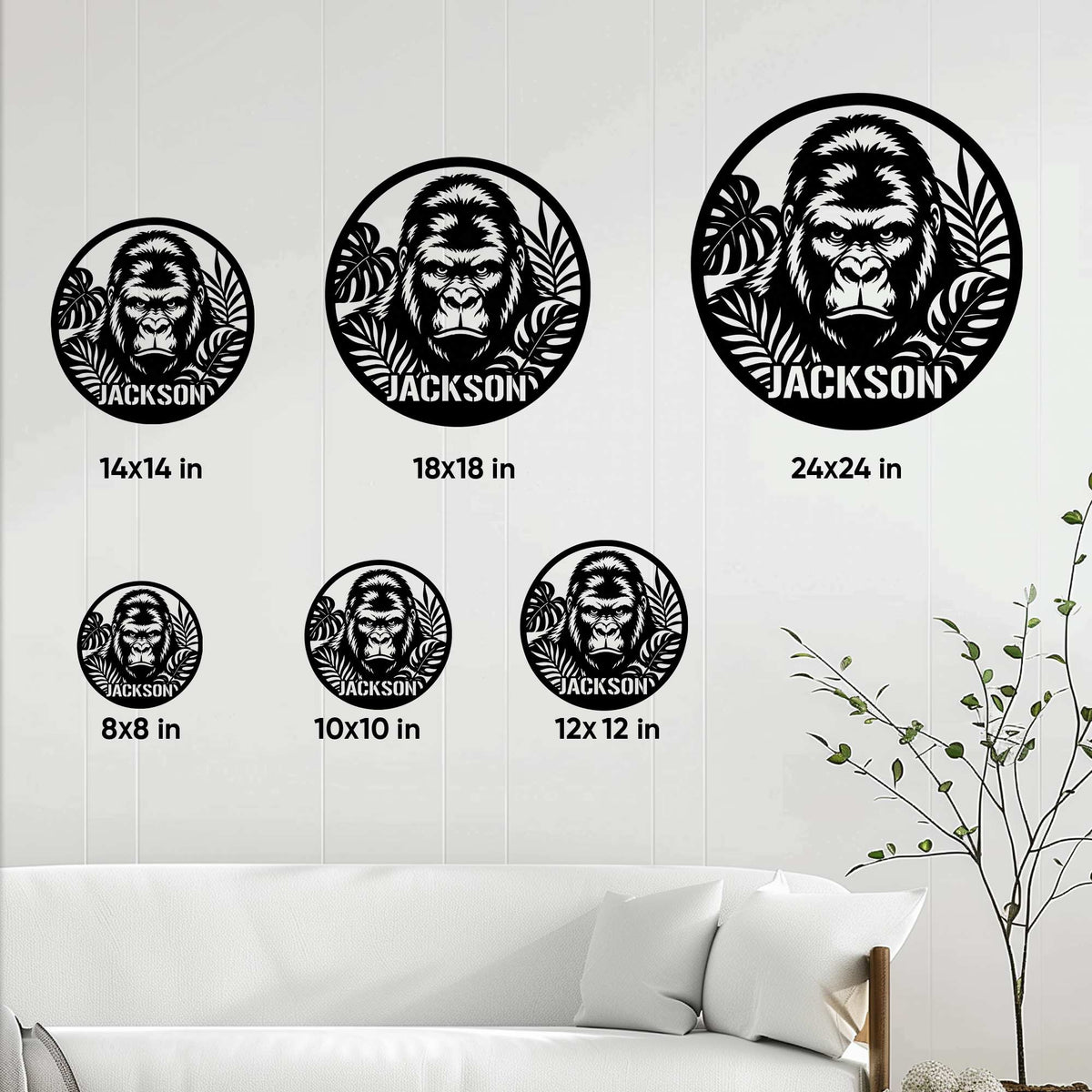 Gorilla metal sign size guide showing available round sizes from 8 by 8 to 24 by 24 inches