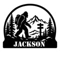 Custom Bigfoot metal sign featuring a hiking Sasquatch silhouette in a mountain forest scene