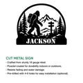 Bigfoot cut metal sign product graphic showing a backpacking Sasquatch among mountains and pine trees