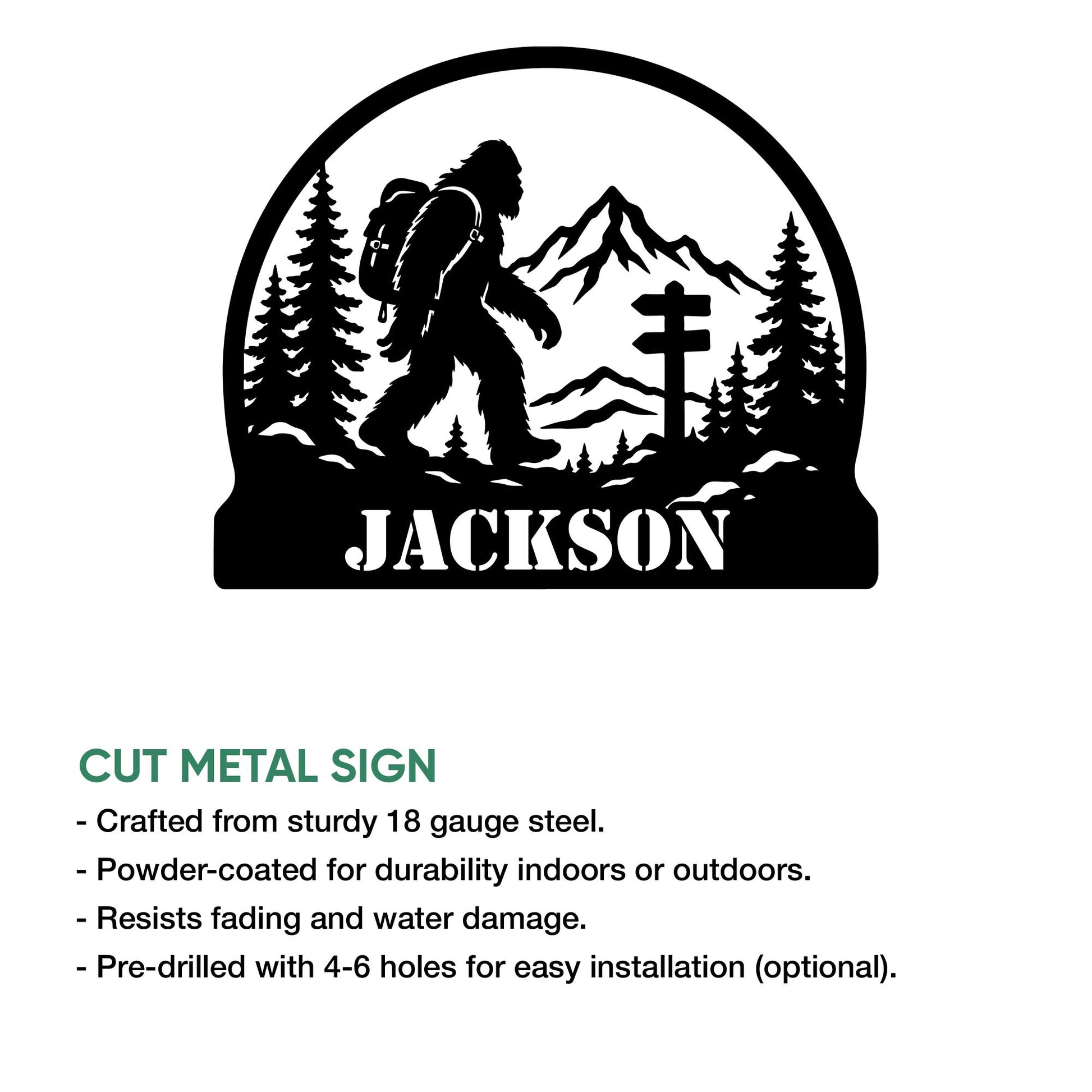 Bigfoot cut metal sign product graphic showing a backpacking Sasquatch among mountains and pine trees
