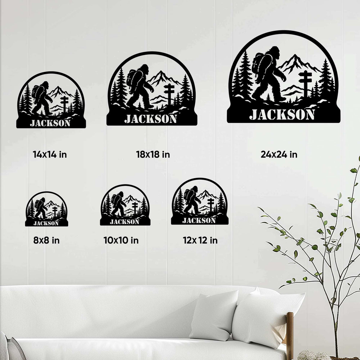 Bigfoot metal sign size guide showing available 8, 10, 12, 14, 18, and 24 inch options