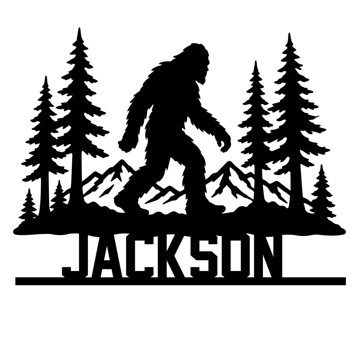 Bigfoot silhouette metal sign showing a forest scene with pine trees and mountain peaks