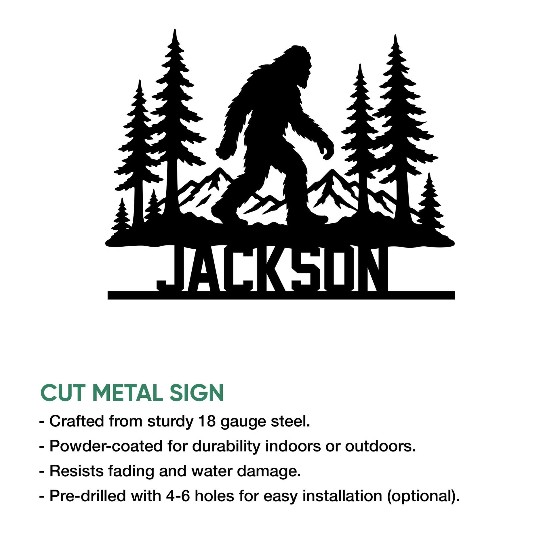 Bigfoot forest metal sign feature graphic highlighting the cut metal sign design