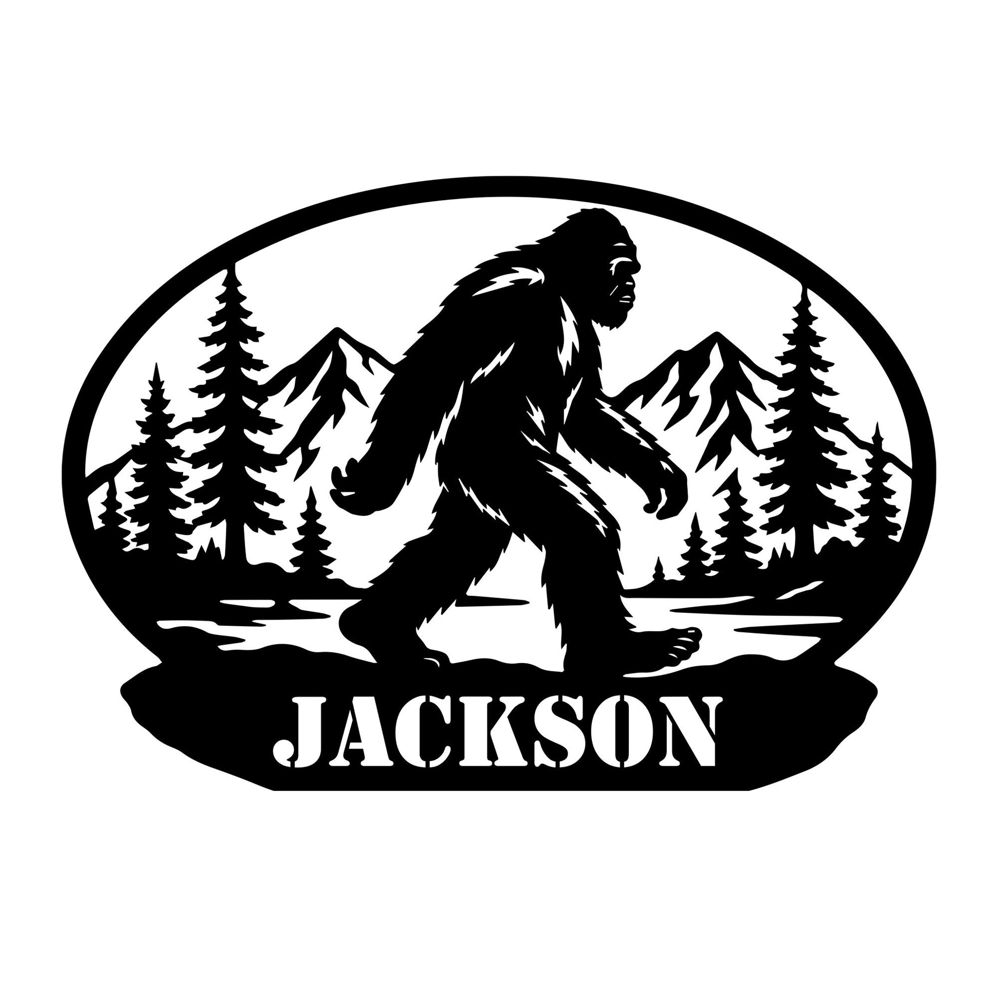 Bigfoot metal sign featuring a bold Sasquatch silhouette walking through a mountain pine forest