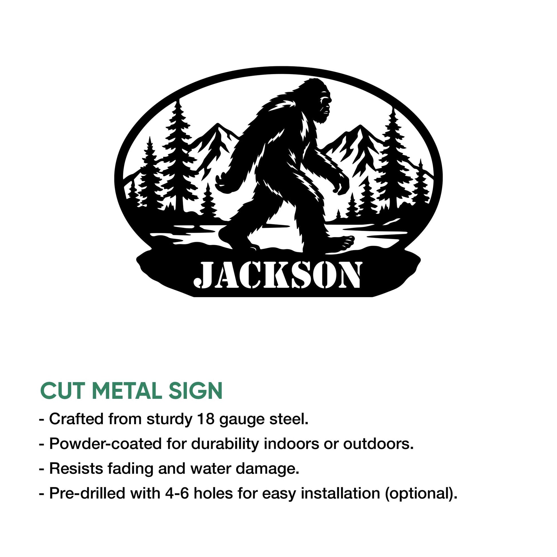 Bigfoot metal sign feature graphic showing the cut-metal design and indoor or outdoor display use