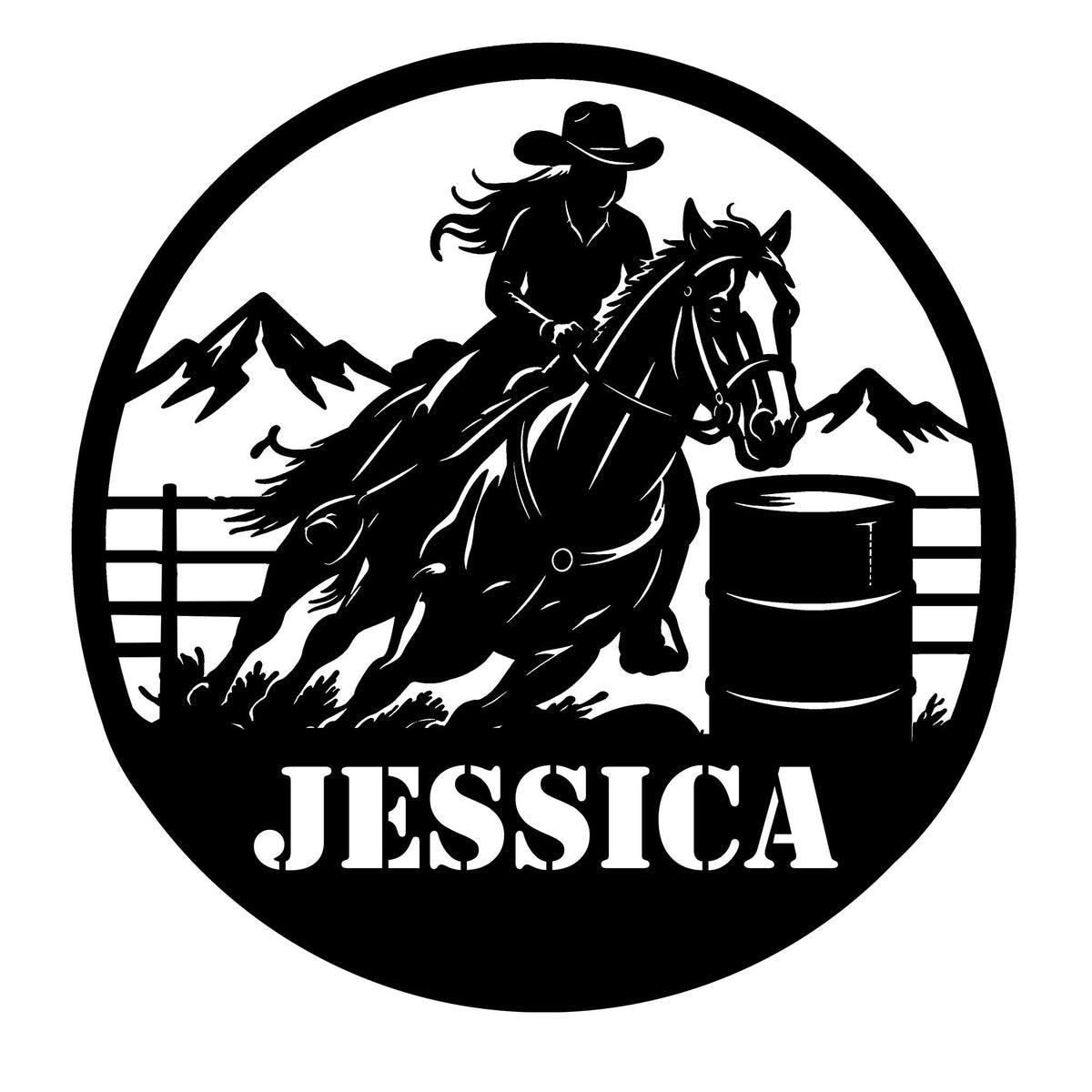 Barrel racing metal sign featuring a mounted cowgirl, galloping horse, arena barrel, fence, and mountain silhouette