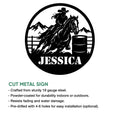 Round cut metal barrel racing sign shown with a mounted rider, horse, arena barrel, and western landscape design