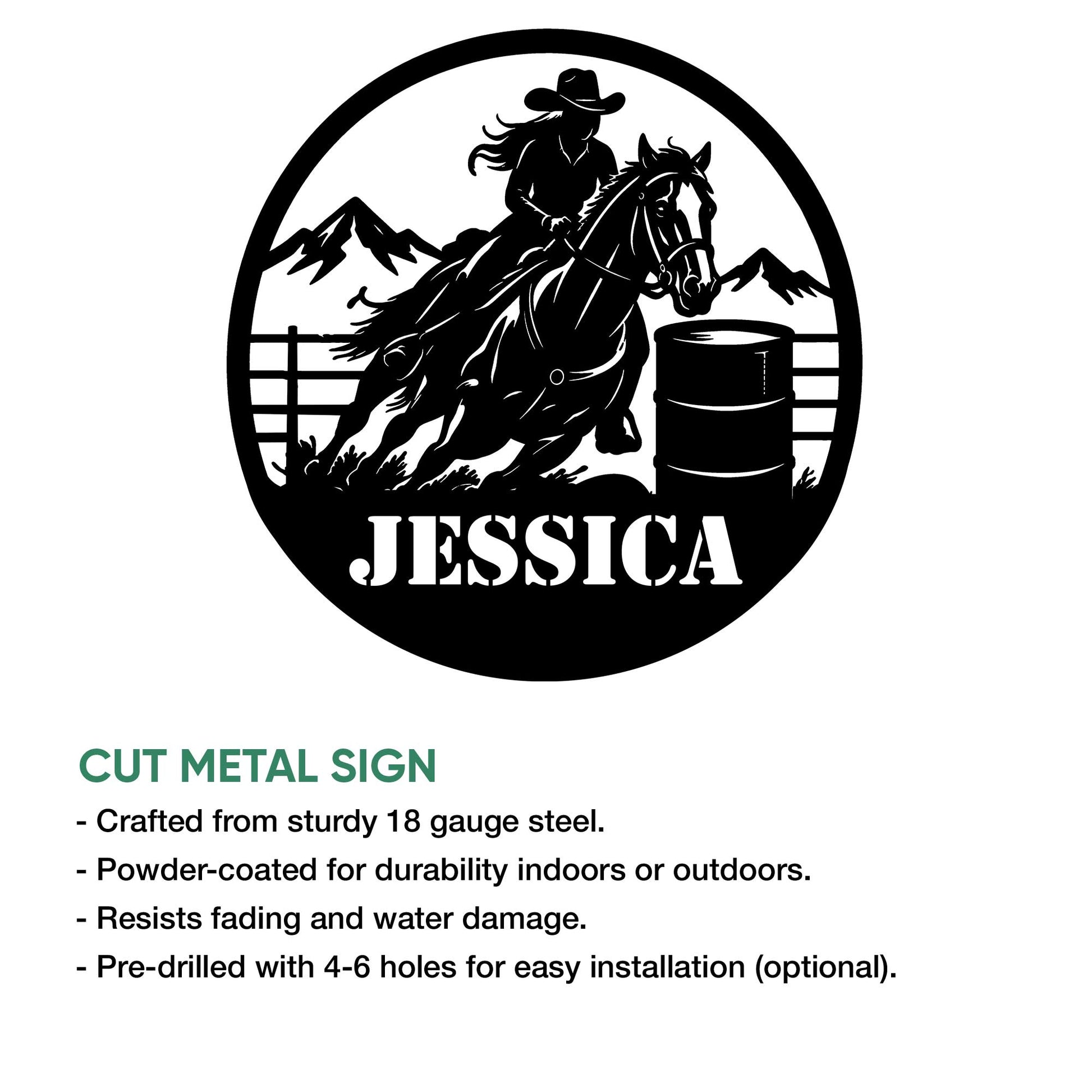 Round cut metal barrel racing sign shown with a mounted rider, horse, arena barrel, and western landscape design