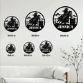 Barrel racing metal sign size guide showing round sign options from 8 by 8 inches to 24 by 24 inches