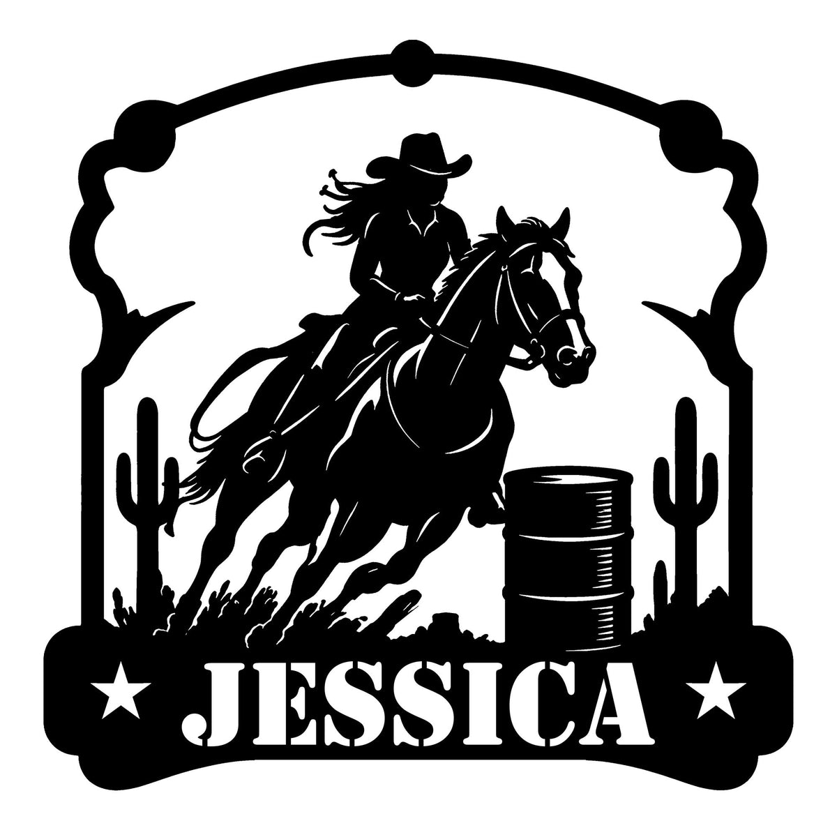 Barrel racing metal sign featuring a cowgirl racing a horse around a barrel in a Western silhouette design