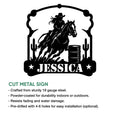 Barrel racing cut metal sign feature graphic showing the cowgirl, horse, barrel, cactus, and Western frame