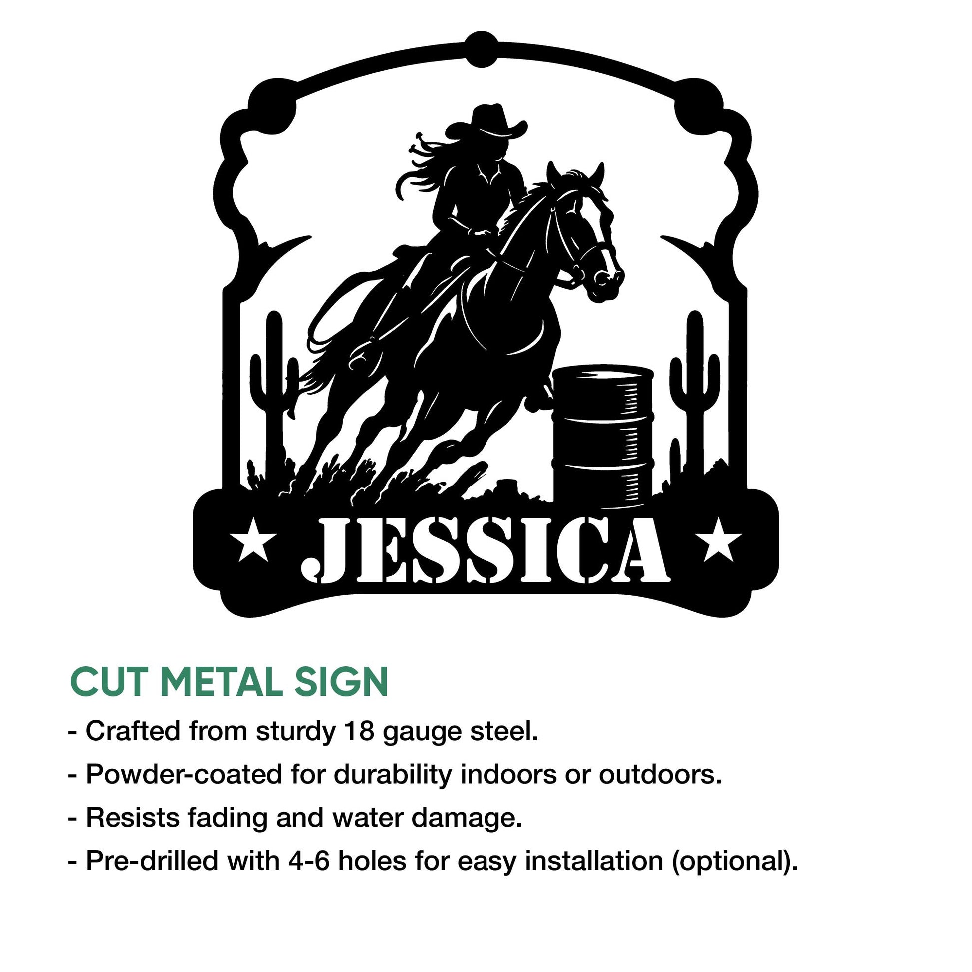 Barrel racing cut metal sign feature graphic showing the cowgirl, horse, barrel, cactus, and Western frame