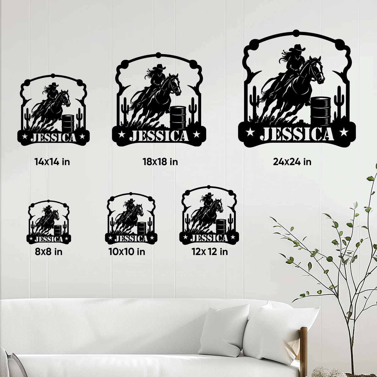 Barrel racing metal sign size guide showing available square sizes from 8 by 8 to 24 by 24 inches