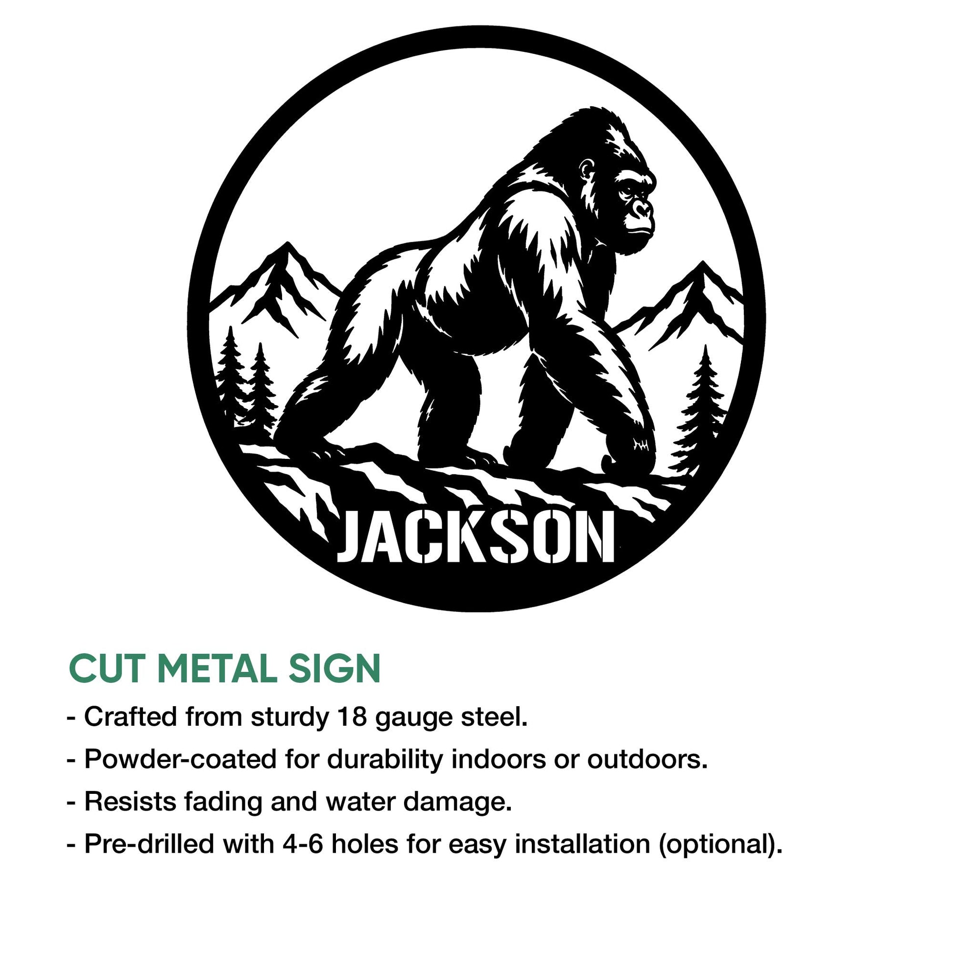 Cut metal gorilla sign shown with a mountain forest design and circular silhouette artwork