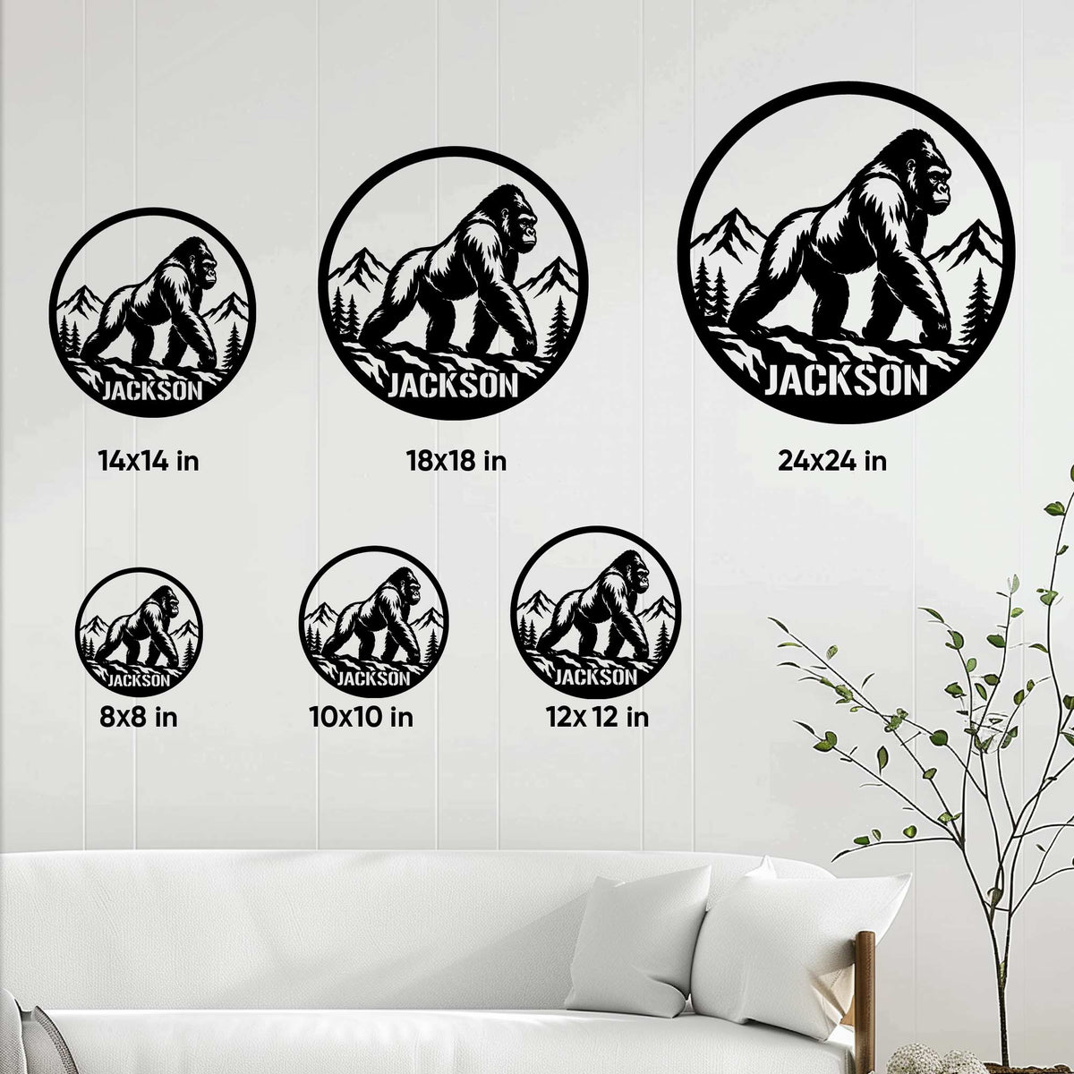 Gorilla metal sign size guide showing circular options from 8x8 inches to 24x24 inches